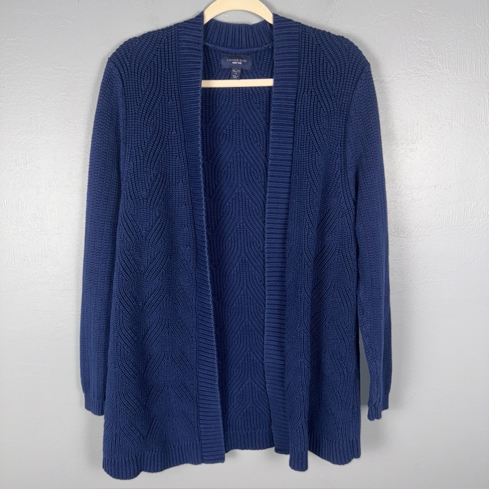 Lands End Drifter Cardigan Women’s XL Tall Blue Textured Knit Open Sweater